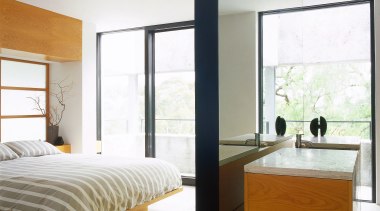 View of the bedroom - View of the architecture, bed frame, bedroom, ceiling, floor, home, house, interior design, real estate, room, window, wood, white, gray