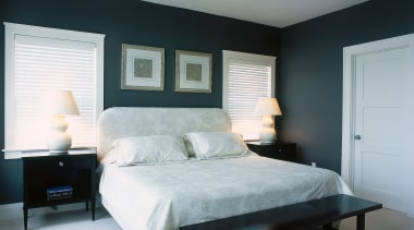 View of this modern bedroom - View of bed, bed frame, bedding, bedroom, ceiling, furniture, home, interior design, mattress, room, wall, window, wood, gray