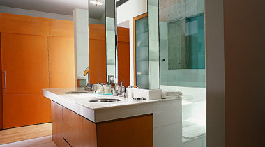 View of a bathroom, tiled flooring, wooden vanity, architecture, bathroom, cabinetry, countertop, interior design, kitchen, room, sink, brown