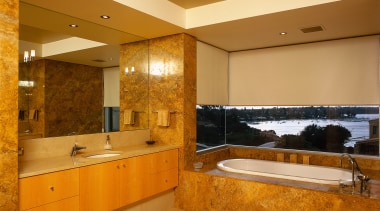 View of the bathroom with marble finish on architecture, bathroom, ceiling, countertop, estate, floor, home, interior design, real estate, room, wall, orange, brown