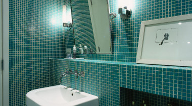 Interior view of bathroom - Interior view of architecture, bathroom, daylighting, glass, interior design, plumbing fixture, product, public toilet, room, tile, toilet, teal