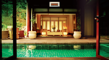 Green tiled pool in courtyard, folding doors, lounge architecture, home, house, interior design, lighting, property, black