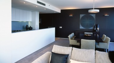 Open plan kitchen, dining and lounge area with architecture, ceiling, house, interior design, living room, property, real estate, room, white, black