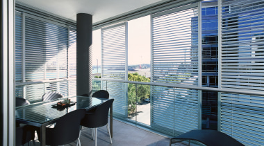 Dining area of apartment with slimline shutters at apartment, condominium, daylighting, glass, interior design, property, real estate, shade, window, window blind, window covering, window treatment, gray