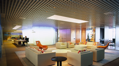 Patterned ceilings in reception with white sofas and architecture, ceiling, interior design, lobby, black