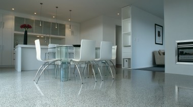 View of the dining area - View of apartment, architecture, floor, flooring, hardwood, interior design, lobby, property, real estate, table, wood flooring, gray