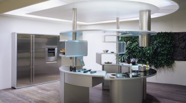 View of this contemporary kitchen - View of ceiling, furniture, interior design, light fixture, product design, table, gray, white