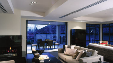 Open plan lounge area with natural coloured sofas, apartment, ceiling, home, interior design, living room, penthouse apartment, property, real estate, room, window, gray, black