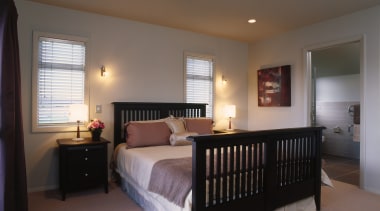View of the bedroom - View of the bed frame, bedroom, ceiling, estate, floor, flooring, furniture, home, house, interior design, living room, property, real estate, room, wall, window, window treatment, wood, gray, black