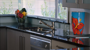 View of the kitchen - View of the countertop, kitchen, room, black, gray