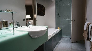 View of this home's ensuite - View of architecture, bathroom, floor, interior design, real estate, room, sink, gray, black