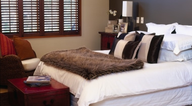 View of the bedroom - View of the bed, bed frame, bed sheet, bedding, bedroom, floor, furniture, home, interior design, mattress, room, textile, wall, window, window covering, wood, black, white