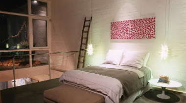 View of this bedroom - View of this architecture, bed, bed frame, bedroom, ceiling, floor, furniture, home, interior design, lighting, mattress, room, wall, black, gray