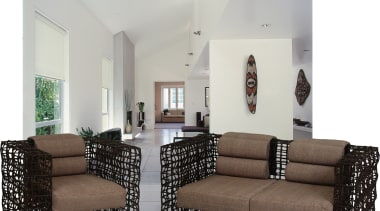 Interior view of living area showing furniture - angle, chair, couch, furniture, interior design, living room, loveseat, property, room, table, gray, white