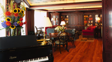 View of this living area - View of interior design, piano, player piano, restaurant, red