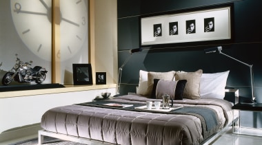 Bedroom with tones of grey and oatmeal, dark bed, bed frame, bedroom, ceiling, floor, furniture, interior design, living room, mattress, room, wall, black, gray