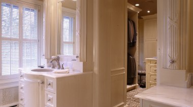 Interior view of bathroom - Interior view of bathroom, bathroom accessory, bathroom cabinet, cabinetry, countertop, floor, flooring, home, interior design, room, sink, window, brown, gray