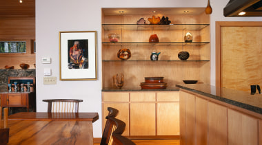 View of the kitchen and dining area, wooden cabinetry, ceiling, countertop, cuisine classique, floor, flooring, hardwood, interior design, kitchen, room, wood, wood flooring, brown