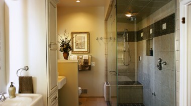 Interior view of the bathroom - Interior view bathroom, cabinetry, ceiling, floor, flooring, home, interior design, real estate, room, brown