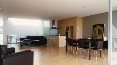 Open plan apartment living area with maple timber apartment, ceiling, floor, flooring, hardwood, house, interior design, laminate flooring, living room, property, real estate, room, wood flooring, white