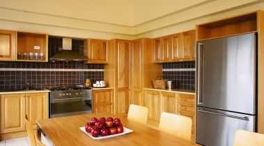 Apartment kitchen with timber cabinetry, large table in ceiling, floor, flooring, hardwood, interior design, kitchen, living room, real estate, room, wall, wood, wood flooring, orange