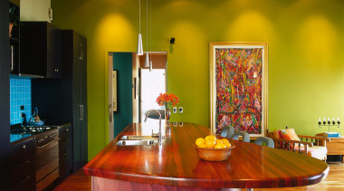 view of this colourful kitchen using maroon colours ceiling, countertop, dining room, home, interior design, kitchen, living room, real estate, room, table, brown, orange