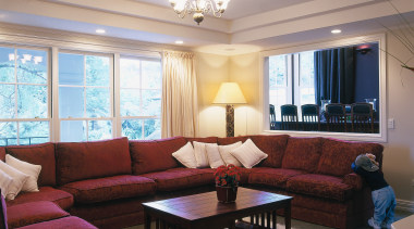 Lounge area with red sofa chairs, timber coffee ceiling, daylighting, estate, home, interior design, living room, property, real estate, room, window, gray