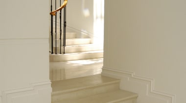 Stairway and flooring in marble or limestone with apartment, architecture, daylighting, floor, flooring, handrail, hardwood, home, house, interior design, product design, property, stairs, wall, wood, wood flooring, gray, orange