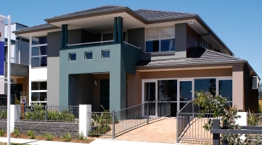 Exterior view of two-storey home with mortar cladding, apartment, architecture, building, condominium, elevation, estate, facade, home, house, neighbourhood, property, real estate, residential area, roof, villa, black