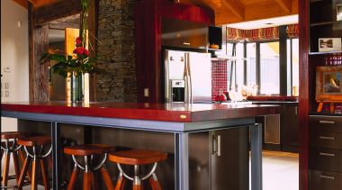 large vuew of the kitchen and informal eating ceiling, countertop, flooring, interior design, kitchen, table, wood, brown