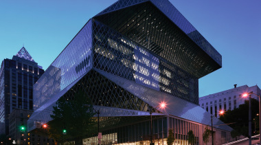 Exterior view of the large architectually designed Seattle architecture, building, city, cityscape, commercial building, condominium, convention center, corporate headquarters, daytime, downtown, evening, facade, headquarters, hotel, landmark, lighting, metropolis, metropolitan area, mixed use, night, reflection, sky, skyscraper, structure, tower block, urban area, blue, black
