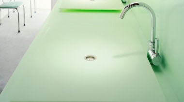 Bathroom with twin basins in green Laminex, and bathroom, bathroom sink, floor, lighting, plumbing fixture, product design, sink, tap, green, white