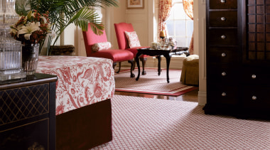 View of a bedroom, red patterned carpet, wooden carpet, floor, flooring, hardwood, home, interior design, laminate flooring, living room, lobby, room, tile, window, wood, wood flooring, gray, black