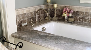 View of the bathroom, white bath tub surriunded bathroom, bathroom sink, countertop, floor, granite, property, room, sink, tap, tile, wall, white, gray