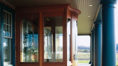 Exterior view of the netrance way, solid mahogony architecture, ceiling, column, porch, structure, window, wood, black