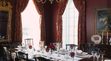 View of the dining area, large red persian dining room, function hall, furniture, home, interior design, restaurant, room, table, tableware, window, black