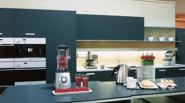 Kitchen with grey blue cabinetry, bar stools and countertop, furniture, interior design, kitchen, black