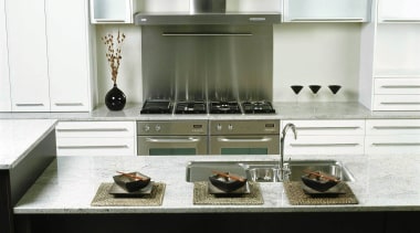 Kitchen with white cabinetry and grey marble benchtop, countertop, cuisine classique, home appliance, interior design, kitchen, kitchen appliance, kitchen stove, small appliance, white, black