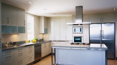 Kitchen with light coloured cabinetry, aluminium frames, island cabinetry, ceiling, countertop, floor, interior design, kitchen, real estate, room, gray