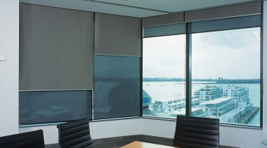 Office meeting room with roller sunscreen shades at architecture, ceiling, daylighting, glass, interior design, office, window, gray