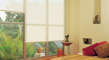 Bedroom with light coloured sunscreen roller blinds at architecture, bed frame, bedroom, ceiling, curtain, daylighting, door, estate, floor, flooring, hardwood, home, house, interior design, laminate flooring, real estate, room, shade, wall, window, window blind, window covering, window treatment, wood, wood flooring, white, orange