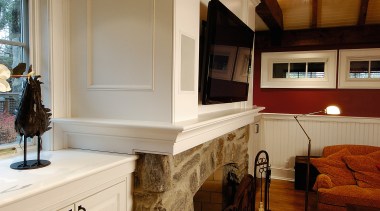 View of the living area, wooden flooring, white cabinetry, countertop, home, interior design, kitchen, room, brown, orange