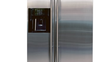 Closeup of fridge with side by side doors, home appliance, kitchen appliance, major appliance, product, product design, refrigerator, white