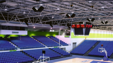 Indoor basketball court with blue seating, and sound arena, basketball court, blue, leisure centre, sport venue, sports, stadium, structure, blue