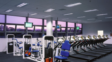 Large room with gym equipment, and LCD television gym, leisure centre, room, sport venue, structure, black, gray