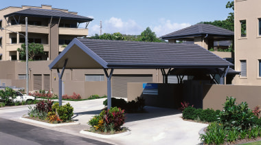 view of the carport and monier concrete tile home, house, outdoor structure, property, real estate, residential area, roof, gray