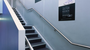 Stairway with off-white and blue walls. - Stairway glass, handrail, product design, stairs, structure, gray