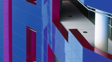 view of the exterior cladding of the building angle, architecture, blue, building, daylighting, design, facade, glass, line, product design, purple, sky, structure, blue