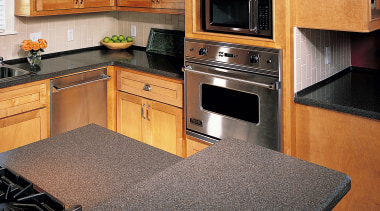 view of the hi-macs kitchen benchtop - view cabinetry, countertop, floor, flooring, hardwood, interior design, kitchen, room, wood, black, orange