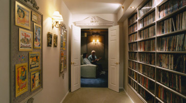 View of a home theatre and lobby, large ceiling, interior design, brown